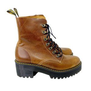Dr. Martens Leona Womens Brown Leather Lace Up Platform Combat Boots Size 10